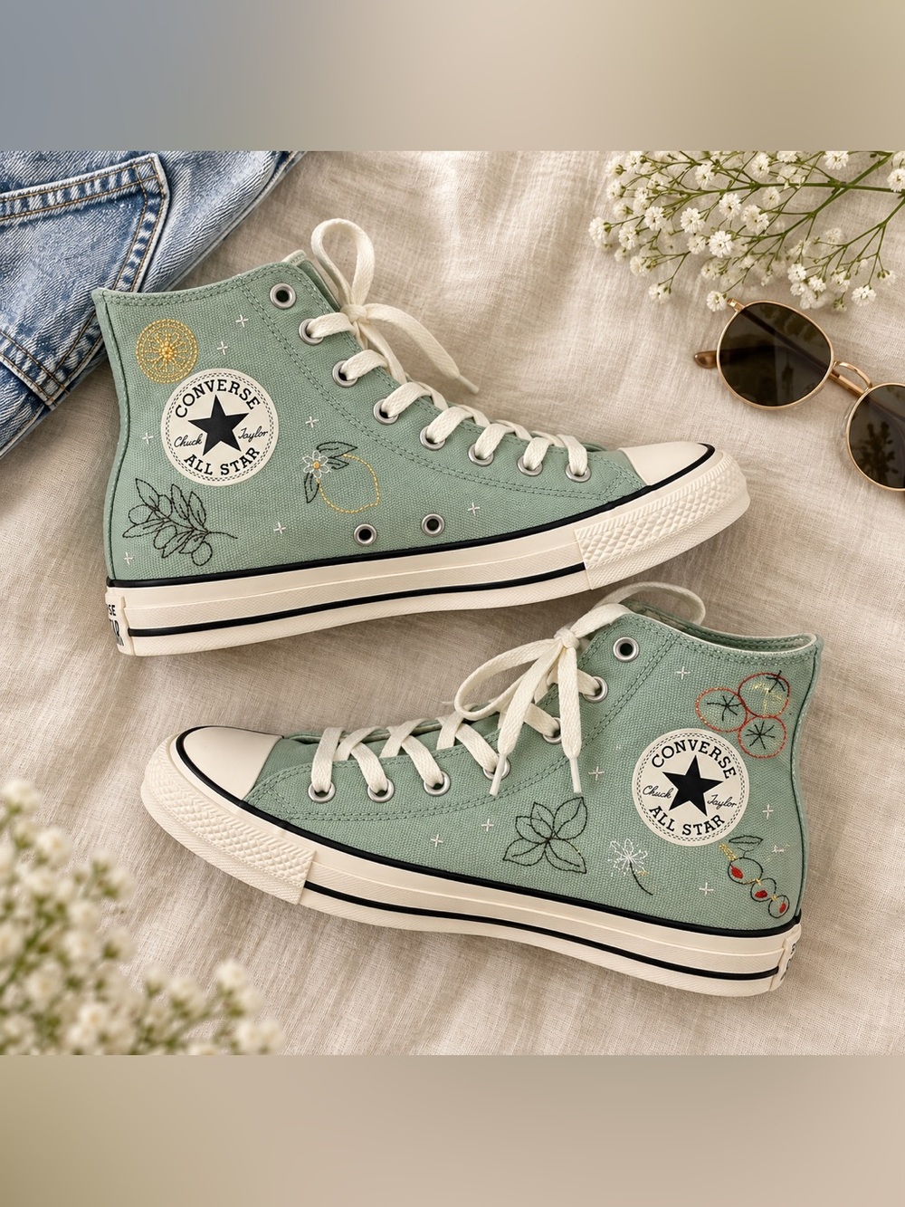 Converse High Top Sneakers in Sage Green with Floral Embroidery